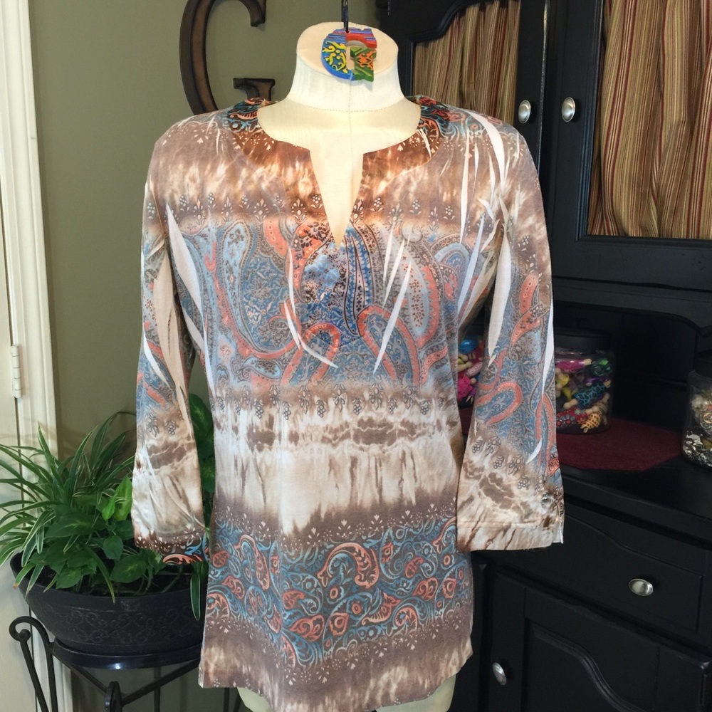 California Bloom Tan/Blue Paisley Burn Out Tunic M